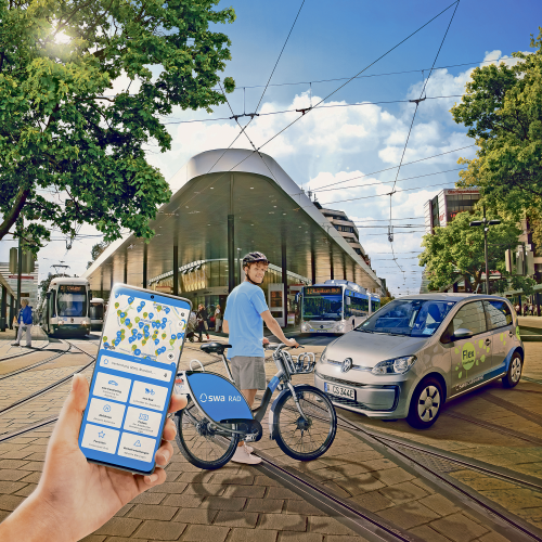 Das Bild zeigt nachhaltige Mobilität mit Fahrrad, Straßenbahn, Bus, Carsharing, am Königsplatz.